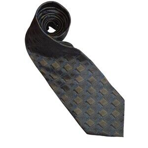 Jhane Barnes Brown & Blue Square Print Original Fabric Necktie‎ 58"LX4"W